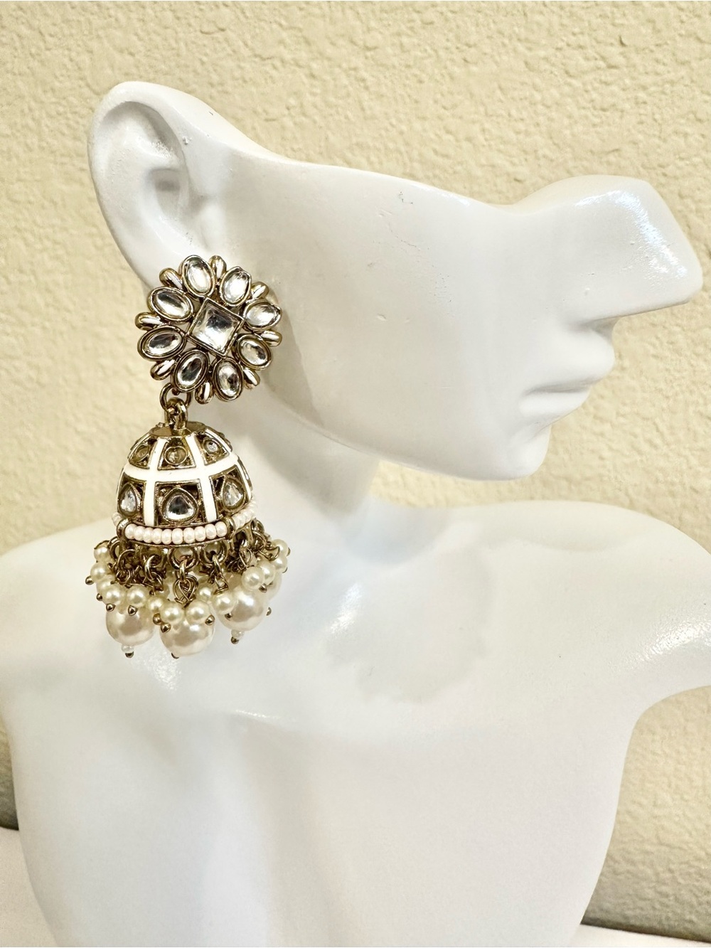 Gold-Tone Pearl Jhumka Earrings with Kundan Motif